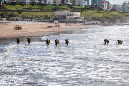 Douze plongeurs tactiques, hommes grenouilles, entrent dans la mer depuis la plage