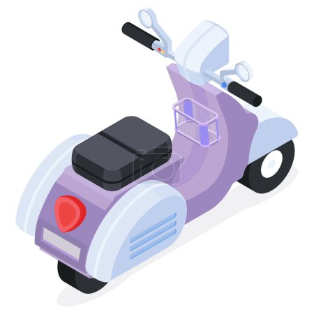 Esta encantadora ilustración vectorial cuenta con un scooter púrpura con cesta
