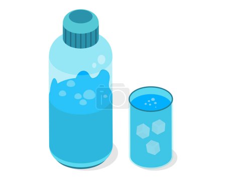 Eine Wasserflasche und ein Glas mit Eiswürfelsymbol sind eine einfache, aber effektive Möglichkeit, ein erfrischendes Getränk darzustellen. Das Symbol besteht typischerweise aus einer Wasserflasche, einem Glas und Eiswürfeln.