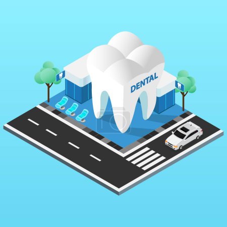 This is an isometric vector illustration of a dental clinic. It has a giant tooth on top of it, making it perfect for a website about dentistry, dental care, and dental insurance.