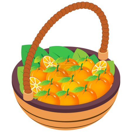 Fotorealistische Illustration eines geflochtenen Korbs voller reifer Orangen auf weißem Hintergrund.
