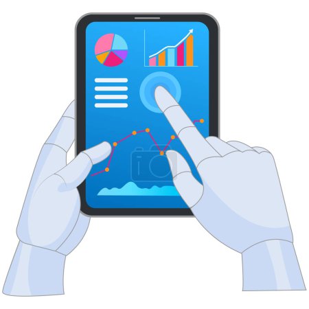 A vector illustration showcasing a robotic hand holding a digital tablet displaying charts and data. Ideal for illustrations about technology, artificial intelligence, and data analysis.
