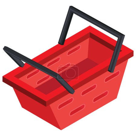 A simple, clean vector illustration of a red shopping basket with a black handle on a white background. This icon is ideal for e-commerce, retail, and shopping-themed design projects.