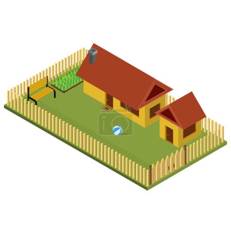 isometrisches Haus mit Gras und Garten