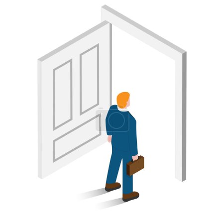 Illustration for Isometric Businessman Opens the Door to Business Opportunities and Career Advancement, Business Opportunities and Career Concept Illustration - Royalty Free Image