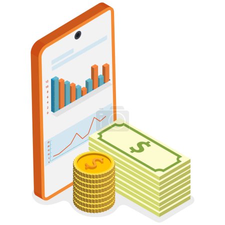 Photo for A close-up view of a smartphone displaying a rising financial graph positioned next to a stack of coins and bills, symbolizing successful investment and wealth growth. Ideal for illustrating financial apps, investment websites, and business concepts. - Royalty Free Image