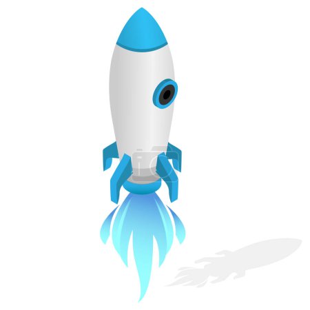 Une élégante fusée blanche et bleue s'envole dans la vaste étendue de l'espace, laissant derrière elle une traînée de flamme bleue et une ombre subtile. Cette illustration vectorielle captivante évoque un sens de l'aventure, de l'exploration et un potentiel illimité.