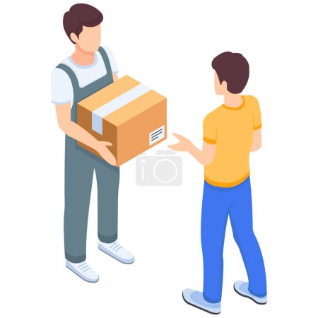A friendly delivery person hands off a package to a happy customer in a vibrant isometric illustration.