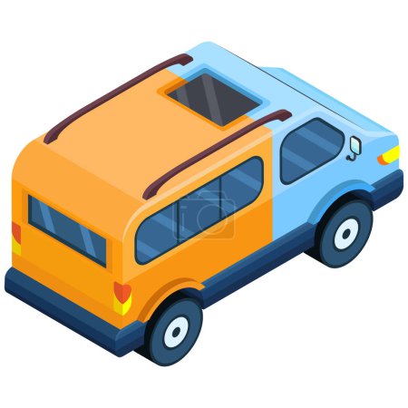 A sleek and functional isometric illustration of a blue and orange delivery van with a sunroof.