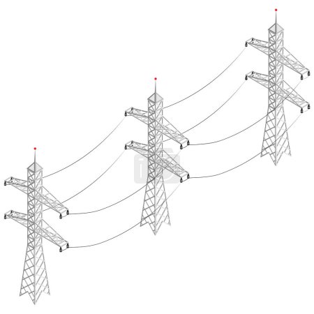A high-quality vector illustration of a three-dimensional power grid with pylons and high-voltage wires, isolated on a white background.