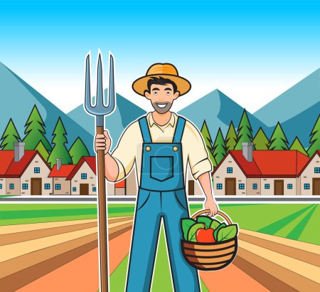 Farmer in a Village Vector Flat Illustration,