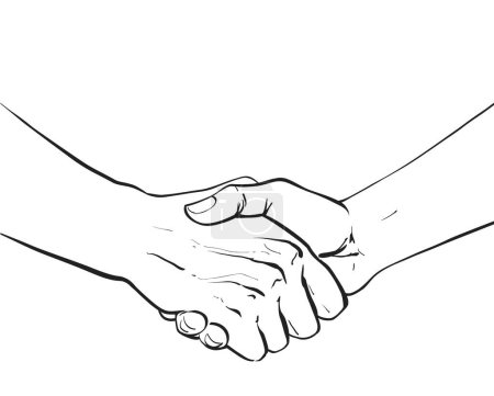 Illustration for Partners handshake. Two hands shaking each other. Hands holding one another gesture of contract agreement, friendship. Logo icon sign. Vector line sketch illustration - Royalty Free Image