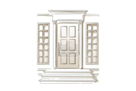 Front Door. House Exterior. Classic Home Entrance. Hand drawn vector line sketch illustration.