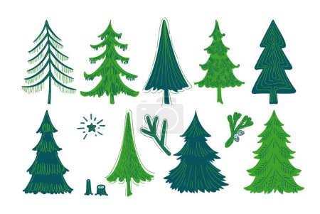 Illustration for Christmas new year trees and Quote. Hand drawn set of spruce. Holidays background and Greetings card. Abstract doodle drawing woods, spruce. Vector sketch simple line illustration. - Royalty Free Image