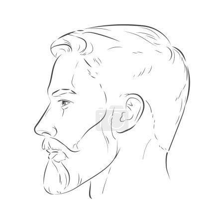 Illustration for Man with beard. Barbershop trimming bearded hipster hairstyle. Stylish haircut. Set of man face portrait different angle view turns front, profile, three-quarter. Vector line illustration - Royalty Free Image