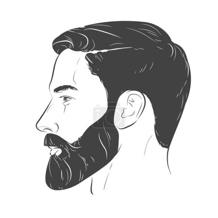 Téléchargez les illustrations : Homme barbu. Barbershop coupe coiffure hipster barbu. Une coupe de cheveux élégante. Ensemble de portrait de visage d'homme vue d'angle différente tourne avant, profil, trois-quarts. Illustration de ligne vectorielle - en licence libre de droit
