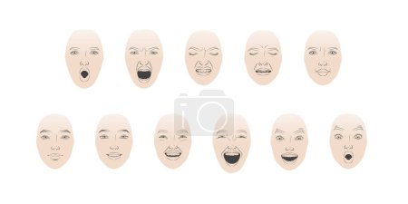 Illustration for Faces expressions with different mood. Positive, negative feelings, happy, smiling, laughing, astonished, surprised, discontent, unhappy depression human emotions collection Vector set - Royalty Free Image