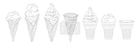Ilustración de Conjunto de cucharadas de helado en conos de gofre con surtidos de bolas de vainilla, cítricos, fresas, menta, chocolate. Ilustración de línea realista vectorial - Imagen libre de derechos