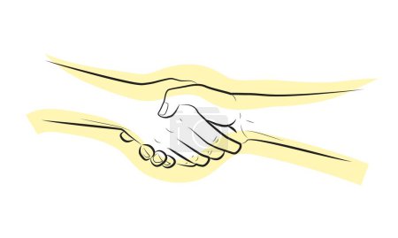 Illustration for Partners handshake. Two hands shaking each other. Hands holding one another gesture of contract agreement, friendship. Logo icon sign. Vector line sketch illustration - Royalty Free Image