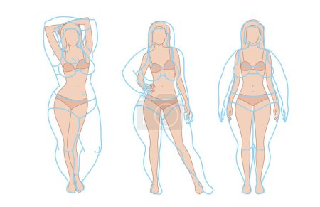 Pérdida de peso corporal antes y después de la dieta. Transformación de la Emaciación. Silueta femenina obesa con sobrepeso. salud. Cinco ángulos frente a la figura, 3 de 4, vistas laterales. Ilustración vectorial