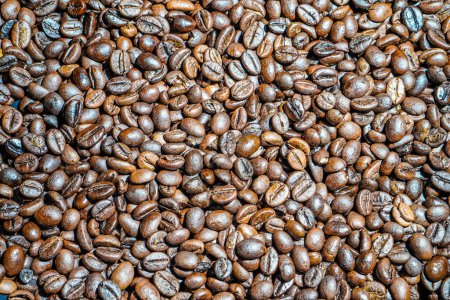 Close-up view of black coffee beans after roasting.