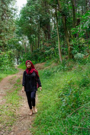 Frau läuft allein im Gummiwald mit steinigen Feldwegen, Bäume Hintergrund für Werberaum