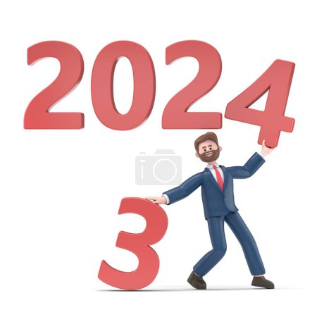 Téléchargez les photos : Illustration 3D de l'homme d'affaires américain barbu et souriant Bob arrache une feuille avec 3 et fixe la nouvelle année 2024. Au revoir 2023. Changer d'année. rendu 3D sur fond blanc. - en image libre de droit