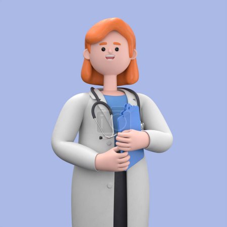 Foto de Ilustración 3D de Mujer Doctor Nova sostiene portapapeles azul. Especialista masculino caucásico profesional. Pinza médica aislada sobre fondo azul. Asistente del hospital - Imagen libre de derechos