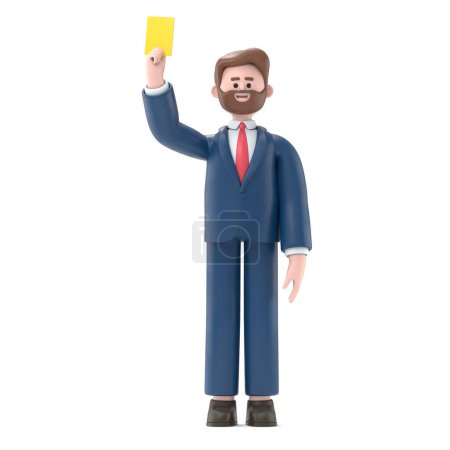 Foto de Ilustración 3D del empresario estadounidense Bob mostrando la tarjeta amarilla.. - Imagen libre de derechos