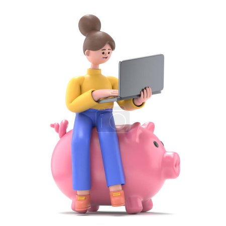 Ilustración 3D de la mujer asiática Angela sentada con portátil portátil en Piggy Bank Fondos aislados en el fondo blanco Ilustración 3D. Colección de personas 3D.