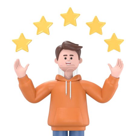3D illustration of smiling businessman Qadir points to the stars, good review. Customer review rating and client feedback concept.  3D rendering on white background.