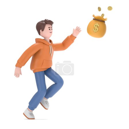 Foto de Ilustración 3D del hombre Qadir persiguiendo una bolsa de dinero. Representación 3D sobre fondo blanco. - Imagen libre de derechos