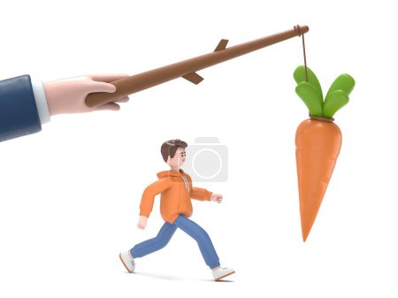 Photo for 3D illustration of male guy Qadir running for bait,Big hand holds carrots on stick.Incentive concept. Business metaphor. Personnel management leadership. Motivate people. 3D rendering on white background. - Royalty Free Image