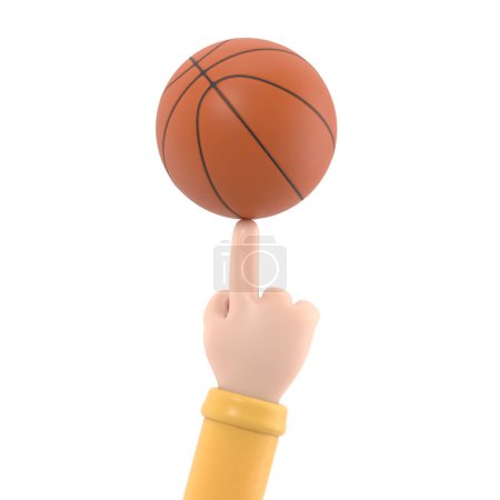 Téléchargez les photos : Cartoon Gesture Icône Mockup.3d main d'homme d'affaires tourne une balle de basket sur son doigt, rendu 3D sur fond blanc. - en image libre de droit