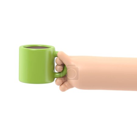 Téléchargez les photos : Cartoon Gesture Icône Mockup.Cartoon main tenant tasse de café fumant.rendu 3D sur fond blanc. - en image libre de droit