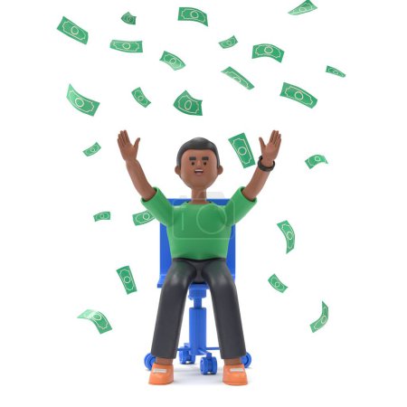 Téléchargez les photos : Illustration 3D du bel homme afro David célèbre le succès assis dans une chaise de bureau sous l'argent des billets de pluie tombant.. - en image libre de droit