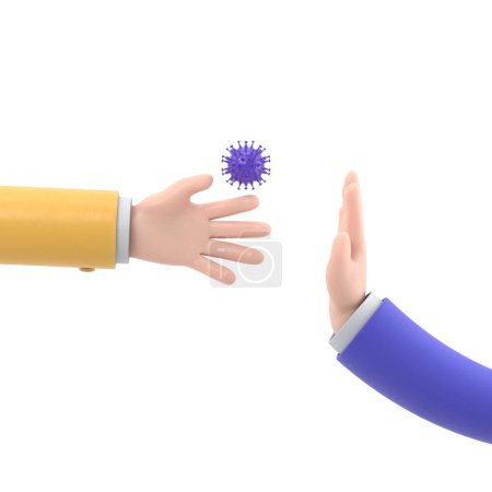 Bacteria on hand. Coronavirus transmitted through a handshake. Gesture No physical contact. 3d illustration cartoon flat design. Precautions and prevention of disease.