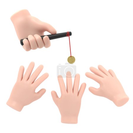 Photo for Incentive concept. Business metaphor. Personnel management leadership. Motivate people. Big hand holds gold coin on stick,businessman running for bait. 3d illustration flat design. Attract earn. - Royalty Free Image