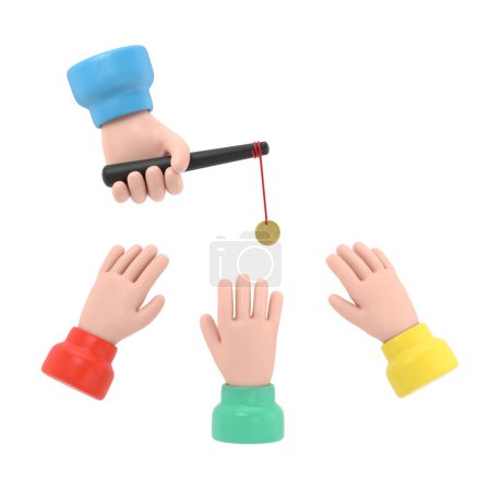 Photo for Incentive concept. Business metaphor. Personnel management leadership. Motivate people. Big hand holds gold coin on stick,businessman running for bait. 3d illustration flat design. Attract earn. - Royalty Free Image