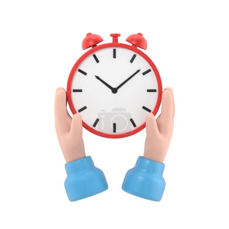 Téléchargez les photos : Protégez le temps. Gagnez du temps. Un homme d'affaires tient une montre, un réveil. Illustration 3D design plat. Économisez l'horloge. Contrôle du temps. Planification stratégique réussie. - en image libre de droit