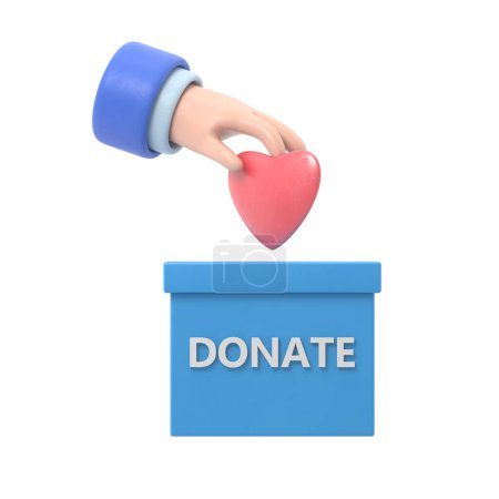 Medical donation concept.3d illustration flat line design. Donor day. Give life. Mans hand places small heart in donation slot. Donation box.Supports PNG files with transparent backgrounds