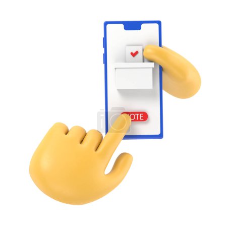Téléchargez les photos : Concept de vote en ligne. Illustration 3D style design plat. Un homme tient un smartphone dans sa main. Fais ton choix. Bulletin, dans les urnes. Vote électoral. Sondage politique. - en image libre de droit