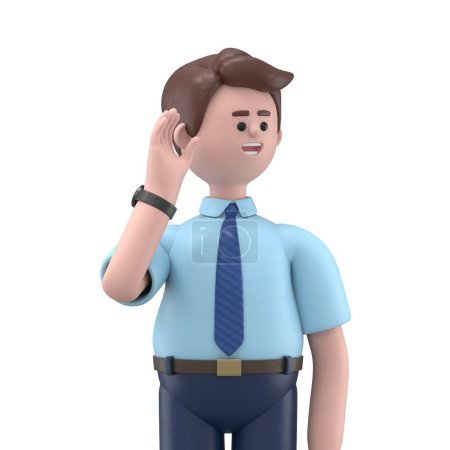 Ilustración 3D del hombre asiático Felix tratar de escuchar escuchar escuchar atentamente mirando camera.3D representación sobre fondo blanco.