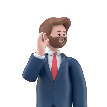 Ilustración 3D del hombre de negocios estadounidense barbudo Bob tratar de escuchar a escuchar atentamente mirando camera.3D representación sobre fondo blanco.