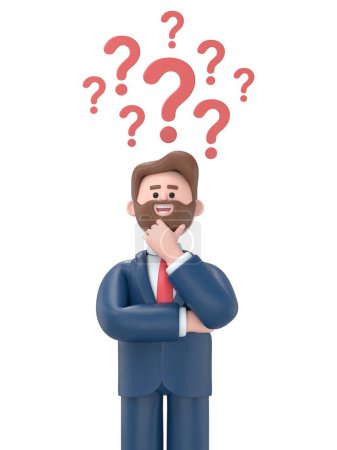Making a decision with arrows and question mark above head. 3D illustration in cartoon style.3D illustration of bearded american businessman Bob.