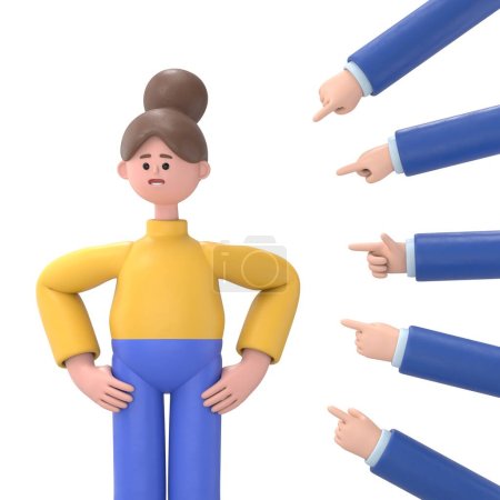 Concept of social censure or accusations. Many hands pointing a depressed sad man. Victim of ridicule and bullying. Harassment. 3D illustration in a flat style.3D rendering on white background.