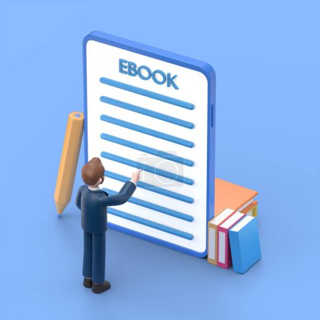 Concept de livres électroniques. Illustration 3D de l'homme d'affaires américain barbu Bob debout sur des livres devant l'écran de la tablette mobile. Style 3D plat.