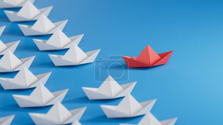 Photo for Different business concept.new ideas. paper art style. creative idea.red leader boat, standing out from the crowd of white boats.3D rendering on blue background. - Royalty Free Image