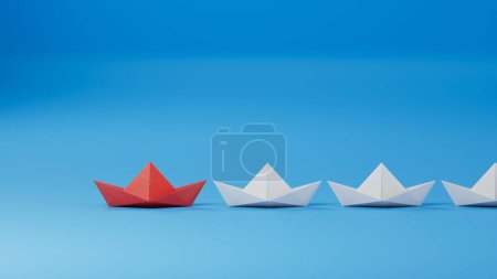 Photo for Different business concept.new ideas. paper art style.Leadership concept with red paper ship leading among white boats.3D rendering on blue background. - Royalty Free Image