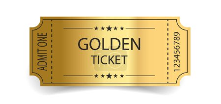 Golden ticket with stars and the inscription "Admit one". Vector illustration. 2023